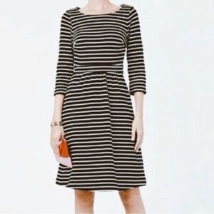 Boden Navy Blue Mustard Fit and Flare Striped Dress Size 6 Cotton Blend Pleated